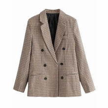 将图片加载到图库查看器，Women's Fashionable Office Wear Double Breasted Plaid Blazer Coat Vintage Long Sleeve Pockets Female Outerwear Chic Tops
