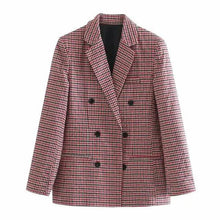 将图片加载到图库查看器，Women's Fashionable Office Wear Double Breasted Plaid Blazer Coat Vintage Long Sleeve Pockets Female Outerwear Chic Tops
