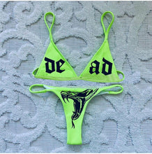 将图片加载到图库查看器，Women’s Funny Printed 2Pcs Bikini Suits Women's Scalloped Triangle Bikini Print Bottom Two Piece Swimsuit Deep V-neck Detachable Breast Pad Sling Tops with Triangle Bottoms Swimsuits
