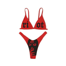 将图片加载到图库查看器，Women’s Funny Printed 2Pcs Bikini Suits Women's Scalloped Triangle Bikini Print Bottom Two Piece Swimsuit Deep V-neck Detachable Breast Pad Sling Tops with Triangle Bottoms Swimsuits

