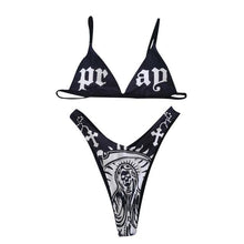 将图片加载到图库查看器，Women’s Funny Printed 2Pcs Bikini Suits Women's Scalloped Triangle Bikini Print Bottom Two Piece Swimsuit Deep V-neck Detachable Breast Pad Sling Tops with Triangle Bottoms Swimsuits
