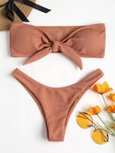 Load image into Gallery viewer, Women's Strapless Bowknot Split Bikini Swimsuit Swimming Suit For Women Women's Tie Knot Front Solid Color Bikini Set Swimsuit Bathing Suits High Cut Bikini Set Strapless Solid Color 2 Pieces Bathing Suit

