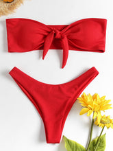 Load image into Gallery viewer, Women's Strapless Bowknot Split Bikini Swimsuit Swimming Suit For Women Women's Tie Knot Front Solid Color Bikini Set Swimsuit Bathing Suits High Cut Bikini Set Strapless Solid Color 2 Pieces Bathing Suit
