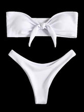 Load image into Gallery viewer, Women's Strapless Bowknot Split Bikini Swimsuit Swimming Suit For Women Women's Tie Knot Front Solid Color Bikini Set Swimsuit Bathing Suits High Cut Bikini Set Strapless Solid Color 2 Pieces Bathing Suit
