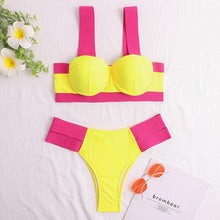 将图片加载到图库查看器，Women's Swimsuits Swimwear Patchwork Bikini Woman Push up Bikinis Swimsuit Bathing Suits Women Rave Neon Patchwork Bikini Swimsuit 2 Piece Cutout Molded Push Up Bathing Suit
