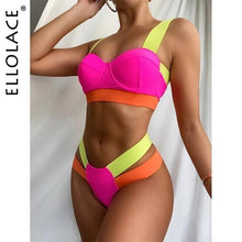 将图片加载到图库查看器，Women's Swimsuits Swimwear Patchwork Bikini Woman Push up Bikinis Swimsuit Bathing Suits Women Rave Neon Patchwork Bikini Swimsuit 2 Piece Cutout Molded Push Up Bathing Suit
