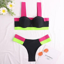 将图片加载到图库查看器，Women's Swimsuits Swimwear Patchwork Bikini Woman Push up Bikinis Swimsuit Bathing Suits Women Rave Neon Patchwork Bikini Swimsuit 2 Piece Cutout Molded Push Up Bathing Suit
