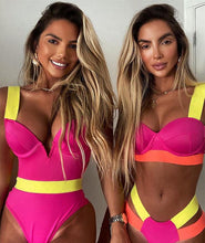 将图片加载到图库查看器，Women's Swimsuits Swimwear Patchwork Bikini Woman Push up Bikinis Swimsuit Bathing Suits Women Rave Neon Patchwork Bikini Swimsuit 2 Piece Cutout Molded Push Up Bathing Suit
