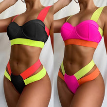 将图片加载到图库查看器，Women's Swimsuits Swimwear Patchwork Bikini Woman Push up Bikinis Swimsuit Bathing Suits Women Rave Neon Patchwork Bikini Swimsuit 2 Piece Cutout Molded Push Up Bathing Suit
