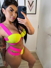 将图片加载到图库查看器，Women's Swimsuits Swimwear Patchwork Bikini Woman Push up Bikinis Swimsuit Bathing Suits Women Rave Neon Patchwork Bikini Swimsuit 2 Piece Cutout Molded Push Up Bathing Suit
