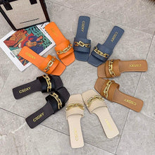 将图片加载到图库查看器，Women Sandals Design Gold Chain Closed Toe Slip On Mules Shoes Flat Heels Square Head Casual Slides Summer Slippers Open Toe Flat Sandals Metal Chain PU Leather Slides Shoes
