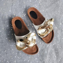 将图片加载到图库查看器，Women Slippers Metal Chain Leather Flat Slippers Women Fashion Casual Shoes Runway Half Women Flat Slide Sandals Slip On Open Toe Sandals Casual Style Slippers
