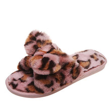 将图片加载到图库查看器，Women Slippers Winter Shoes Home Slippers Faux Fur Slippers Leopard Print Bow Decoration Shoes Faux Fur Slippers Warm Flip Flop House Slippers Open Toe Home Slippers For Girls
