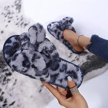 将图片加载到图库查看器，Women Slippers Winter Shoes Home Slippers Faux Fur Slippers Leopard Print Bow Decoration Shoes Faux Fur Slippers Warm Flip Flop House Slippers Open Toe Home Slippers For Girls
