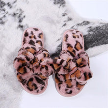 将图片加载到图库查看器，Women Slippers Winter Shoes Home Slippers Faux Fur Slippers Leopard Print Bow Decoration Shoes Faux Fur Slippers Warm Flip Flop House Slippers Open Toe Home Slippers For Girls
