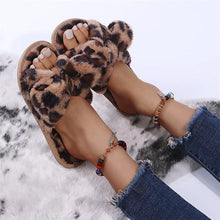 将图片加载到图库查看器，Women Slippers Winter Shoes Home Slippers Faux Fur Slippers Leopard Print Bow Decoration Shoes Faux Fur Slippers Warm Flip Flop House Slippers Open Toe Home Slippers For Girls
