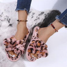 将图片加载到图库查看器，Women Slippers Winter Shoes Home Slippers Faux Fur Slippers Leopard Print Bow Decoration Shoes Faux Fur Slippers Warm Flip Flop House Slippers Open Toe Home Slippers For Girls

