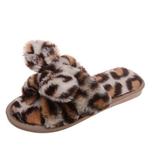 将图片加载到图库查看器，Women Slippers Winter Shoes Home Slippers Faux Fur Slippers Leopard Print Bow Decoration Shoes Faux Fur Slippers Warm Flip Flop House Slippers Open Toe Home Slippers For Girls

