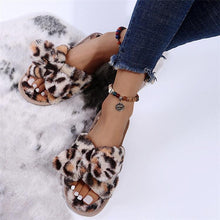 将图片加载到图库查看器，Women Slippers Winter Shoes Home Slippers Faux Fur Slippers Leopard Print Bow Decoration Shoes Faux Fur Slippers Warm Flip Flop House Slippers Open Toe Home Slippers For Girls
