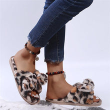 将图片加载到图库查看器，Women Slippers Winter Shoes Home Slippers Faux Fur Slippers Leopard Print Bow Decoration Shoes Faux Fur Slippers Warm Flip Flop House Slippers Open Toe Home Slippers For Girls
