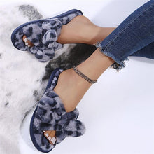 将图片加载到图库查看器，Women Slippers Winter Shoes Home Slippers Faux Fur Slippers Leopard Print Bow Decoration Shoes Faux Fur Slippers Warm Flip Flop House Slippers Open Toe Home Slippers For Girls
