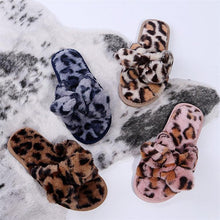 将图片加载到图库查看器，Women Slippers Winter Shoes Home Slippers Faux Fur Slippers Leopard Print Bow Decoration Shoes Faux Fur Slippers Warm Flip Flop House Slippers Open Toe Home Slippers For Girls
