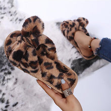 将图片加载到图库查看器，Women Slippers Winter Shoes Home Slippers Faux Fur Slippers Leopard Print Bow Decoration Shoes Faux Fur Slippers Warm Flip Flop House Slippers Open Toe Home Slippers For Girls
