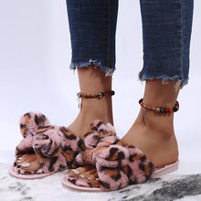 将图片加载到图库查看器，Women Slippers Winter Shoes Home Slippers Faux Fur Slippers Leopard Print Bow Decoration Shoes Faux Fur Slippers Warm Flip Flop House Slippers Open Toe Home Slippers For Girls
