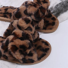 将图片加载到图库查看器，Women Slippers Winter Shoes Home Slippers Faux Fur Slippers Leopard Print Bow Decoration Shoes Faux Fur Slippers Warm Flip Flop House Slippers Open Toe Home Slippers For Girls
