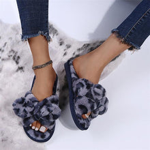 将图片加载到图库查看器，Women Slippers Winter Shoes Home Slippers Faux Fur Slippers Leopard Print Bow Decoration Shoes Faux Fur Slippers Warm Flip Flop House Slippers Open Toe Home Slippers For Girls
