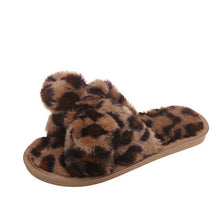 将图片加载到图库查看器，Women Slippers Winter Shoes Home Slippers Faux Fur Slippers Leopard Print Bow Decoration Shoes Faux Fur Slippers Warm Flip Flop House Slippers Open Toe Home Slippers For Girls
