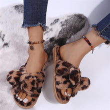 将图片加载到图库查看器，Women Slippers Winter Shoes Home Slippers Faux Fur Slippers Leopard Print Bow Decoration Shoes Faux Fur Slippers Warm Flip Flop House Slippers Open Toe Home Slippers For Girls
