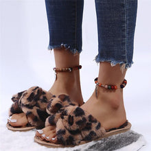 将图片加载到图库查看器，Women Slippers Winter Shoes Home Slippers Faux Fur Slippers Leopard Print Bow Decoration Shoes Faux Fur Slippers Warm Flip Flop House Slippers Open Toe Home Slippers For Girls
