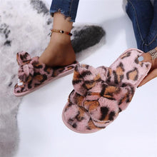 将图片加载到图库查看器，Women Slippers Winter Shoes Home Slippers Faux Fur Slippers Leopard Print Bow Decoration Shoes Faux Fur Slippers Warm Flip Flop House Slippers Open Toe Home Slippers For Girls

