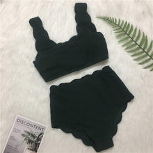 Load image into Gallery viewer, Women Solid Swimwear Female Bathing Suit Scalloped High Waist Bikini Set Two Pieces Women's Solid Color Lace-up High Waist Scoop Collar Padded Bathing Suit

