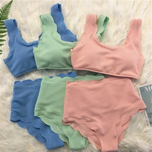 Load image into Gallery viewer, Women Solid Swimwear Female Bathing Suit Scalloped High Waist Bikini Set Two Pieces Women's Solid Color Lace-up High Waist Scoop Collar Padded Bathing Suit
