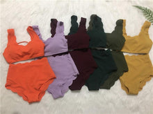 Load image into Gallery viewer, Women Solid Swimwear Female Bathing Suit Scalloped High Waist Bikini Set Two Pieces Women's Solid Color Lace-up High Waist Scoop Collar Padded Bathing Suit
