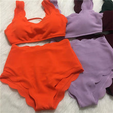 Load image into Gallery viewer, Women Solid Swimwear Female Bathing Suit Scalloped High Waist Bikini Set Two Pieces Women's Solid Color Lace-up High Waist Scoop Collar Padded Bathing Suit
