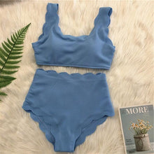 Load image into Gallery viewer, Women Solid Swimwear Female Bathing Suit Scalloped High Waist Bikini Set Two Pieces Women's Solid Color Lace-up High Waist Scoop Collar Padded Bathing Suit
