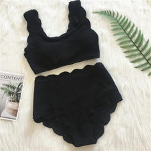 Load image into Gallery viewer, Women Solid Swimwear Female Bathing Suit Scalloped High Waist Bikini Set Two Pieces Women's Solid Color Lace-up High Waist Scoop Collar Padded Bathing Suit
