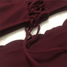 Load image into Gallery viewer, Women Solid Swimwear Female Bathing Suit Scalloped High Waist Bikini Set Two Pieces Women's Solid Color Lace-up High Waist Scoop Collar Padded Bathing Suit
