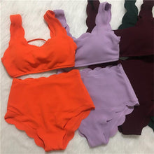 Load image into Gallery viewer, Women Solid Swimwear Female Bathing Suit Scalloped High Waist Bikini Set Two Pieces Women's Solid Color Lace-up High Waist Scoop Collar Padded Bathing Suit
