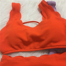Load image into Gallery viewer, Women Solid Swimwear Female Bathing Suit Scalloped High Waist Bikini Set Two Pieces Women's Solid Color Lace-up High Waist Scoop Collar Padded Bathing Suit
