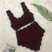 Load image into Gallery viewer, Women Solid Swimwear Female Bathing Suit Scalloped High Waist Bikini Set Two Pieces Women's Solid Color Lace-up High Waist Scoop Collar Padded Bathing Suit
