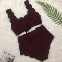Load image into Gallery viewer, Women Solid Swimwear Female Bathing Suit Scalloped High Waist Bikini Set Two Pieces Women's Solid Color Lace-up High Waist Scoop Collar Padded Bathing Suit
