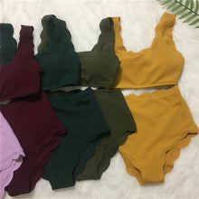 Load image into Gallery viewer, Women Solid Swimwear Female Bathing Suit Scalloped High Waist Bikini Set Two Pieces Women's Solid Color Lace-up High Waist Scoop Collar Padded Bathing Suit

