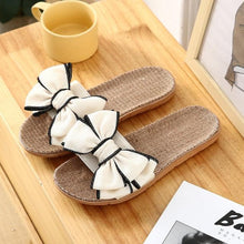 Load image into Gallery viewer, Women Summer Casual Slides Comfortable Flax Slippers Striped Bow Linen Flip Flops Platform Sandals Summer Indoor Slippers Linen Women's Slippers Flower Slippers

