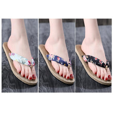 将图片加载到图库查看器，Women Summer Floral Flip Flops Beach Sandals Thongs Slippers Hemp Rope Travel Flip-Flops Unisex Home Slippers Flax Women House Slipper Open-Toe Breathable Slippers
