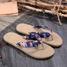 将图片加载到图库查看器，Women Summer Floral Flip Flops Beach Sandals Thongs Slippers Hemp Rope Travel Flip-Flops Unisex Home Slippers Flax Women House Slipper Open-Toe Breathable Slippers
