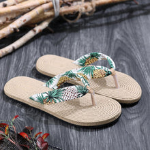 将图片加载到图库查看器，Women Summer Floral Flip Flops Beach Sandals Thongs Slippers Hemp Rope Travel Flip-Flops Unisex Home Slippers Flax Women House Slipper Open-Toe Breathable Slippers
